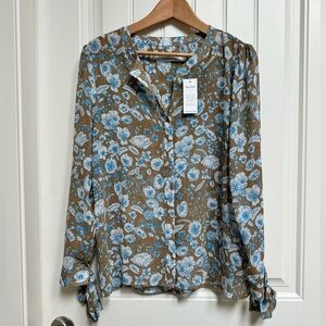 NWT Simons Contemporaine Blue and Tan Floral Tunic Blouse with Tie Cuffs. Size M